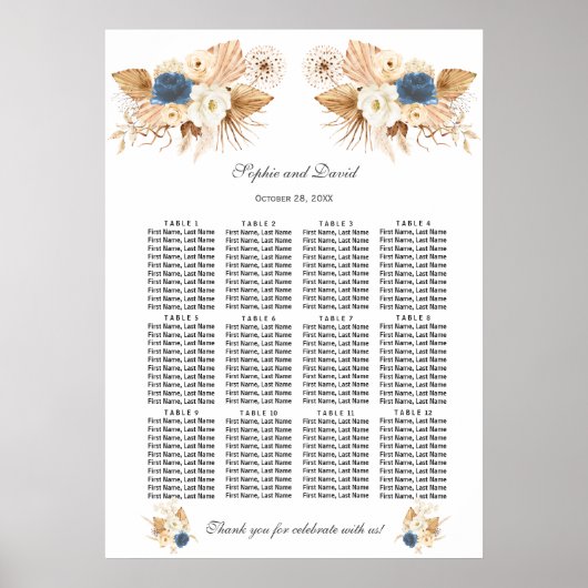 Dusty Blue White Peach Rozen Wedding Seding Chart Poster (Voorkant)