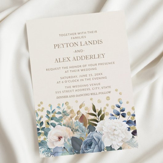 Dusty Blue White Peonies Rozen Floral Gold Wedding Kaart