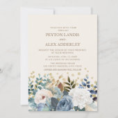 Dusty Blue White Peonies Rozen Floral Gold Wedding Kaart (Voorkant)