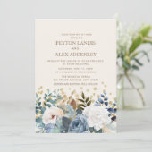 Dusty Blue White Peonies Rozen Floral Gold Wedding Kaart (Staand voorkant)
