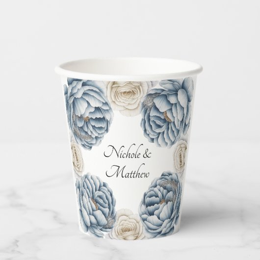 Dusty Blue & White Peony Wedding Papieren Bekers (Voorkant)