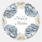 Dusty Blue & White Peony Wedding Ronde Sticker (Voorkant)