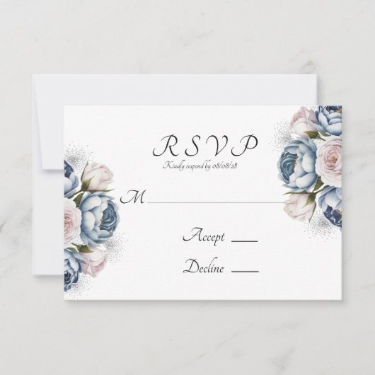 Dusty Blue & White Peony Wedding RSVP Kaartje (Voorkant)