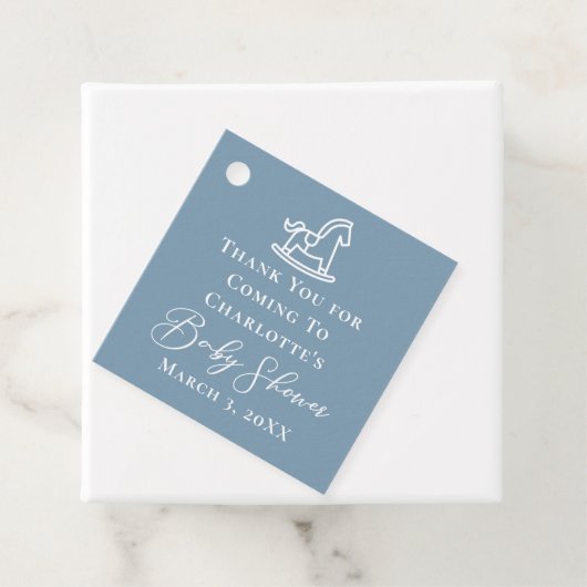 Dusty Blue White Rocking Horse Baby shower Bedankjes Labels (In situ)