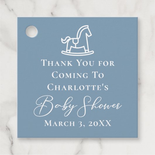 Dusty Blue White Rocking Horse Baby shower Bedankjes Labels (Voorkant)