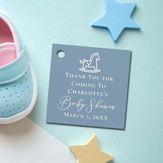 Dusty Blue White Rocking Horse Baby shower Bedankjes Labels