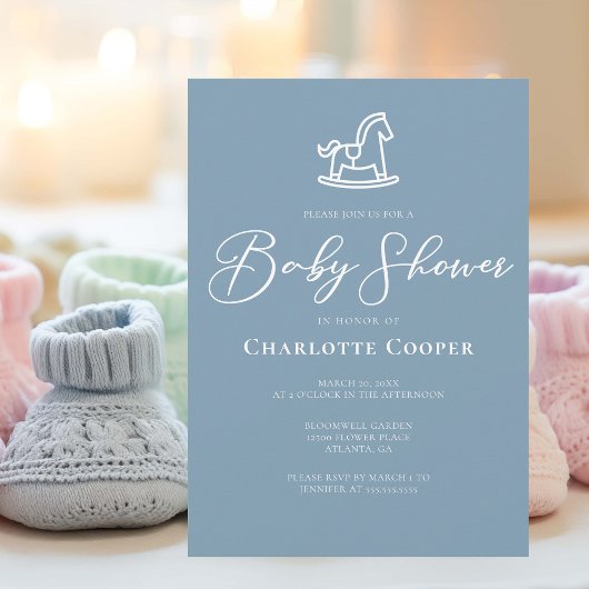 Dusty Blue White Rocking Horse Baby shower Kaart
