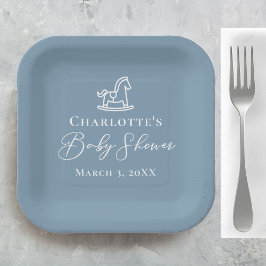 Dusty Blue White Rocking Horse Baby shower Papieren Bordje