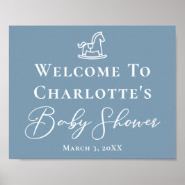 Dusty Blue White Rocking Horse Baby shower Poster