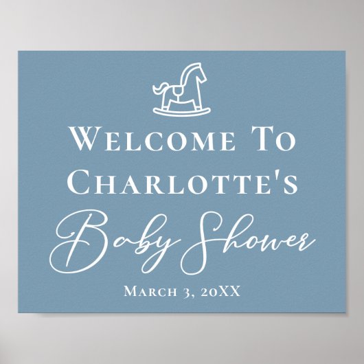 Dusty Blue White Rocking Horse Baby shower Poster (Voorkant)