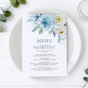 Dusty Blue & White Rose Flowers Weddenemenu Menu