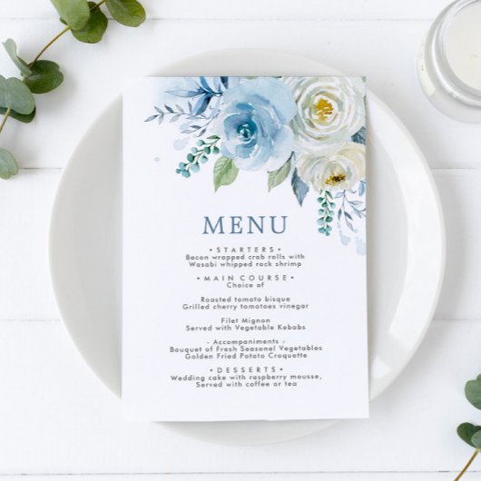 Dusty Blue & White Rose Flowers Weddenemenu Menu