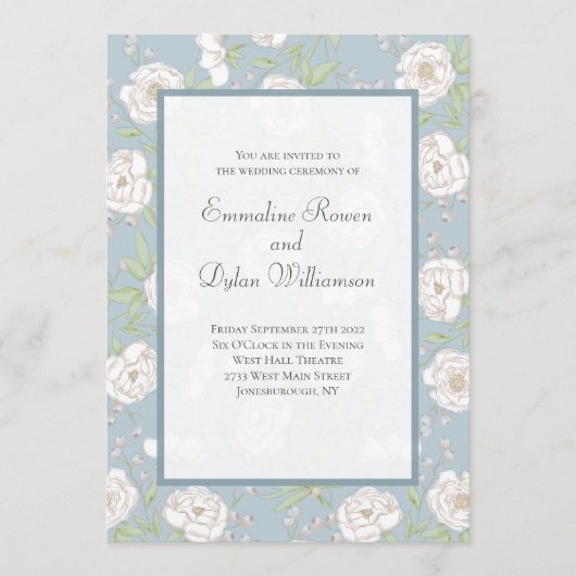 Dusty Blue White Rose Wedding Kaart (Voorkant)