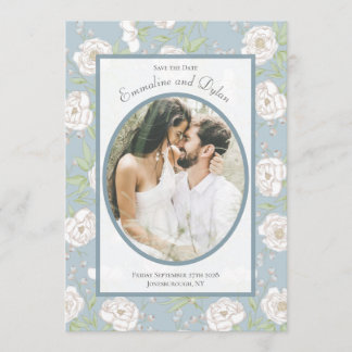 Dusty Blue White Rose Wedding Photo Save the Date Kaart