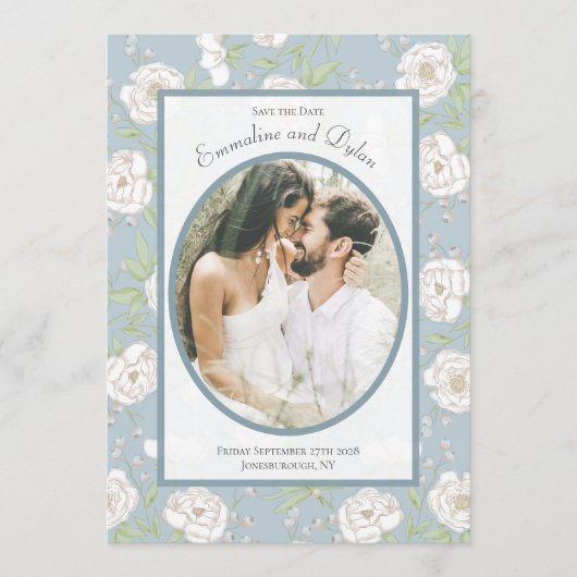 Dusty Blue White Rose Wedding Photo Save the Date Kaart (Voorkant)