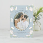 Dusty Blue White Rose Wedding Photo Save the Date Kaart (Staand voorkant)