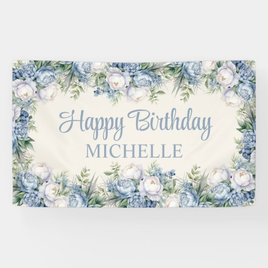 Dusty Blue White Roses Happy Birthday Script Spandoek (Horizontaal)