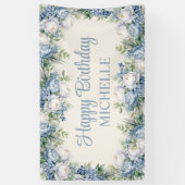Dusty Blue White Roses Happy Birthday Script Spandoek (Verticaal)