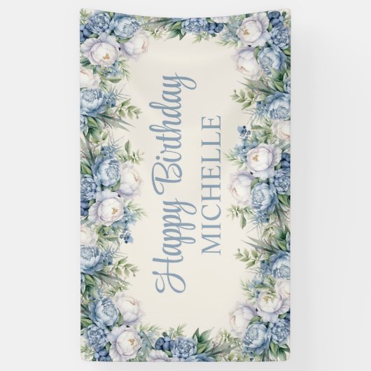 Dusty Blue White Roses Happy Birthday Script Spandoek (Verticaal)