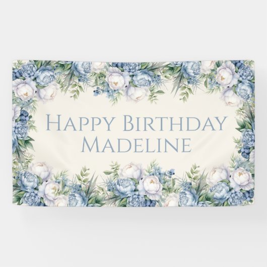 Dusty Blue White Roses Happy Birthday Spandoek (Horizontaal)