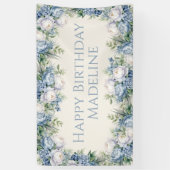 Dusty Blue White Roses Happy Birthday Spandoek (Verticaal)