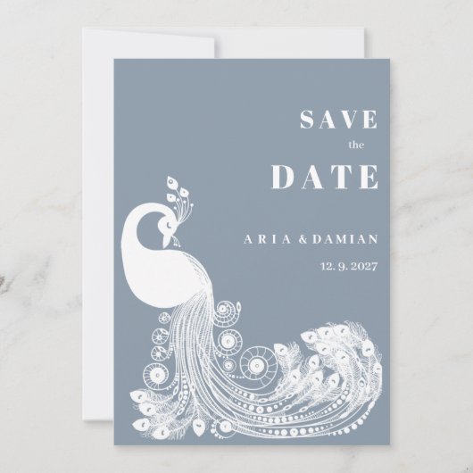 Dusty blue white royal peacock chic Save the Date Kaart (Voorkant)
