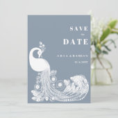 Dusty blue white royal peacock chic Save the Date Kaart (Staand voorkant)