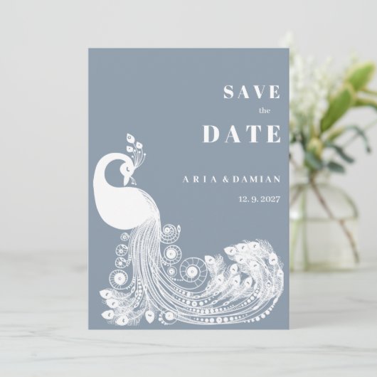 Dusty blue white royal peacock chic Save the Date Kaart (Staand voorkant)
