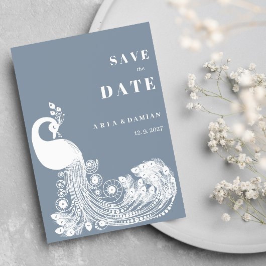 Dusty blue white royal peacock chic Save the Date Kaart