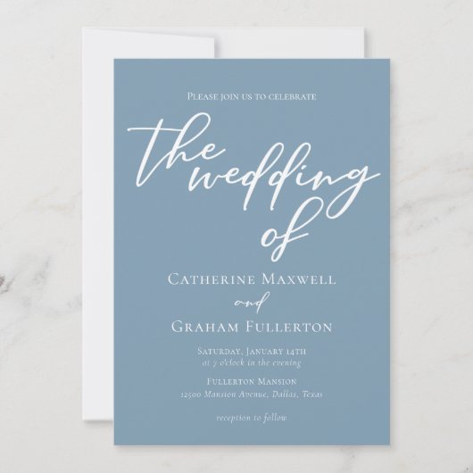 Dusty Blue White Script Summer Coastal Wedding Kaart (Voorkant)