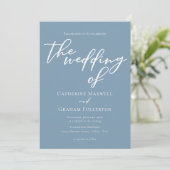 Dusty Blue White Script Summer Coastal Wedding Kaart (Staand voorkant)