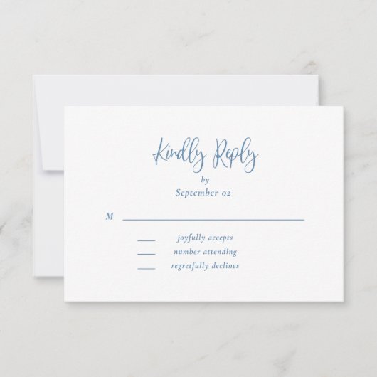Dusty Blue White Script Wildflower bruiloft RSVP (Voorkant)