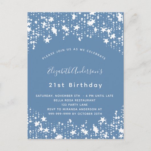 Dusty blue White stars verjaardagsfeest Uitnodiging Briefkaart (Voorkant)