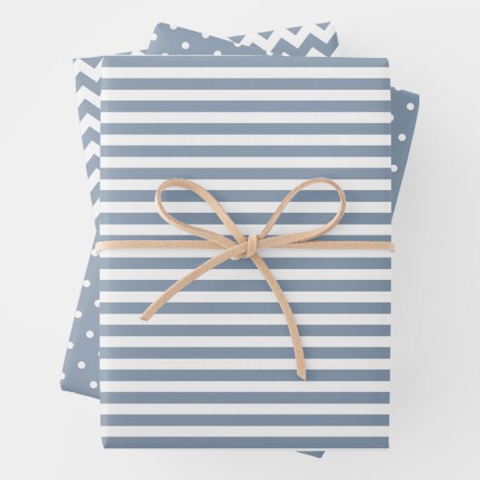 Dusty Blue & White Stripes Polka Dot Chevron Inpakpapier Vel (In situ)