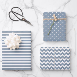Dusty Blue & White Stripes Polka Dot Chevron Inpakpapier Vel