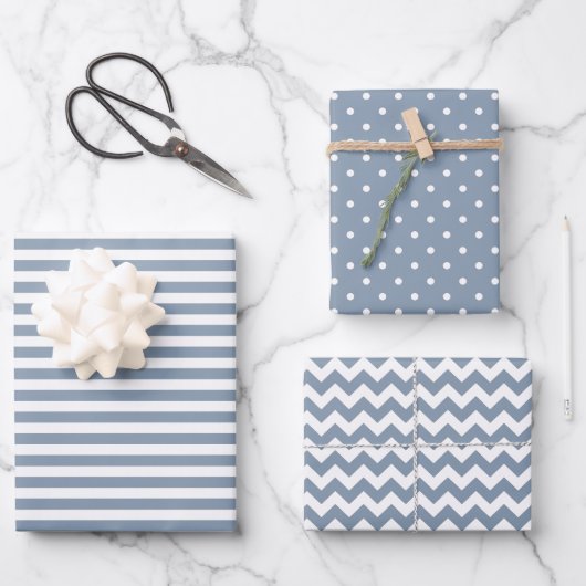 Dusty Blue & White Stripes Polka Dot Chevron Inpakpapier Vel (Voorkant)
