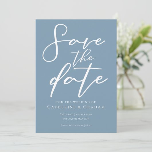 Dusty Blue White Typography Coastal Save the Date (Staand voorkant)