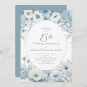 Dusty Blue White Waterverf Floral 5e Jubileum Kaart (Voorkant / Achterkant)