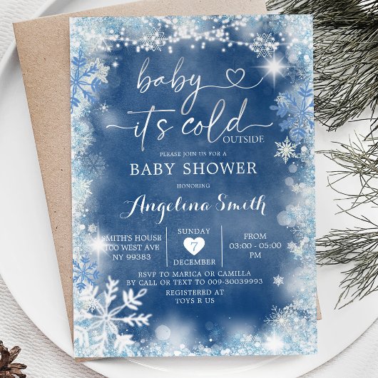 Dusty Blue & White Winter Baby shower Invite11 Kaart
