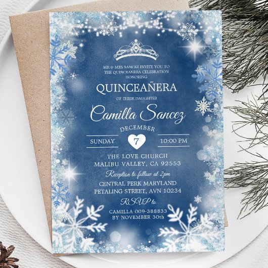 Dusty Blue & White Winter Quinceañera Invite11 Kaart