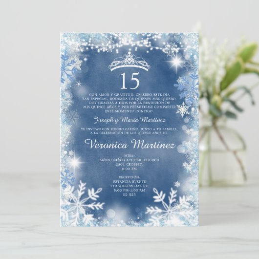 Dusty Blue & White Winter Spaans Meisje 15 Años Kaart (Staand voorkant)