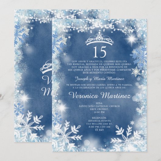 Dusty Blue & White Winter Spaans Meisje 15 Años Kaart (Voorkant / Achterkant)