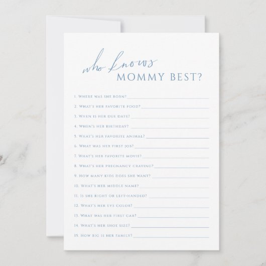 Dusty Blue Who Knows Mama Baby shower Game Kaart (Voorkant)