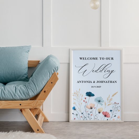 Dusty Blue Wild Floral Welkom Trouwbord Poster