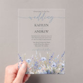 Dusty Blue Wild Flower Elegant Script Wedding Acryl Uitnodigingen (Insitu (Draagbaar))