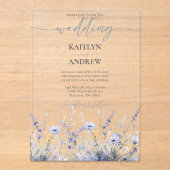 Dusty Blue Wild Flower Elegant Script Wedding Acryl Uitnodigingen (Voorkant)