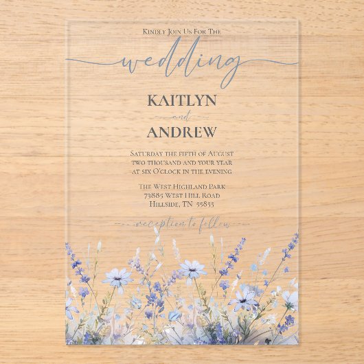 Dusty Blue Wild Flower Elegant Script Wedding Acryl Uitnodigingen (Voorkant)
