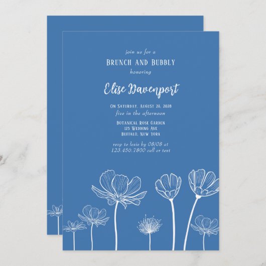 Dusty Blue Wildbloemen Brunch en Bubble Kaart (Voorkant / Achterkant)