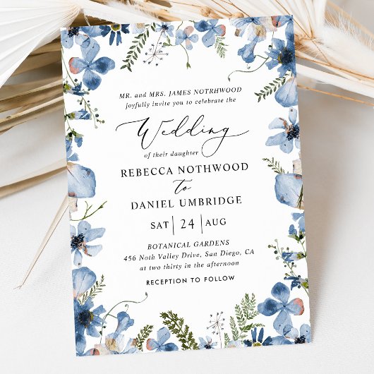 Dusty Blue Wildbloemen Elegant Wedding Kaart