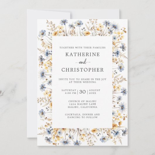 Dusty Blue Wildbloemen Elegant Wedding Kaart (Voorkant)